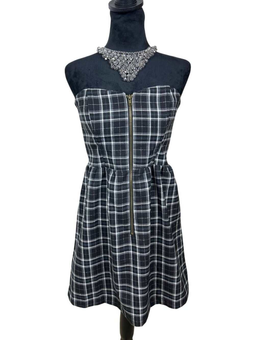 Charlotte Russe Y2K Plaid Strapless Dress Sz S Black White Front Zip Whimsygoth